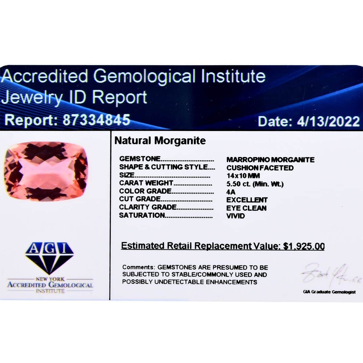 Certified & Appraised AAAA Marropino Morganite (Cush 14x10 mm) 5.50 ctw image number 4