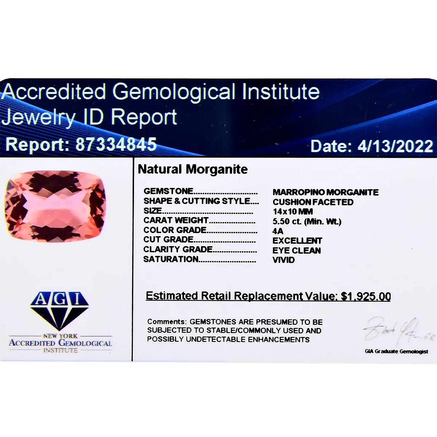Certified and Appraised AAAA Marropino Morganite (Cush 14x10 mm) 5.50 ctw
