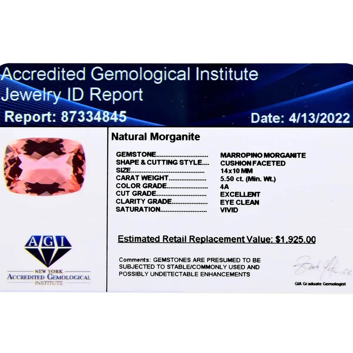 Certified & Appraised AAAA Marropino Morganite (Cush 14x10 mm) 5.50 ctw image number 5