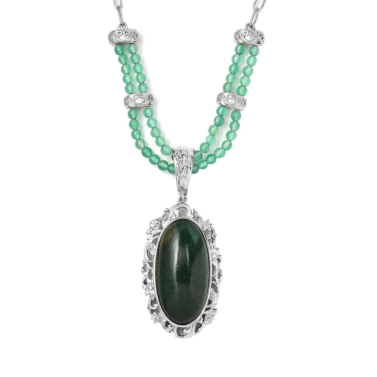 Green Aventurine and Green Onyx Paper Clip Chain Necklace 18 Inches in Platinum Over Copper with Magnet 33.85 ctw image number 0