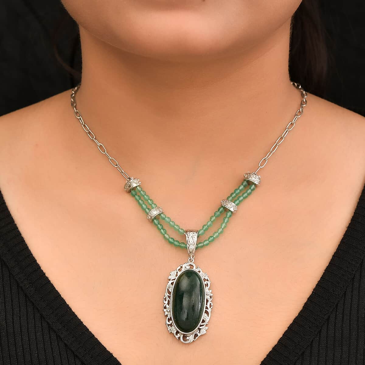 Green Aventurine and Green Onyx Paper Clip Chain Necklace 18 Inches in Platinum Over Copper with Magnet 33.85 ctw image number 2