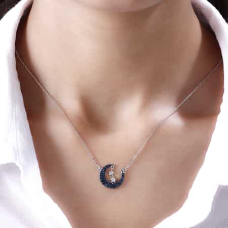 Moon & Star Necklace 1/8 ct tw Blue Diamonds Sterling Silver