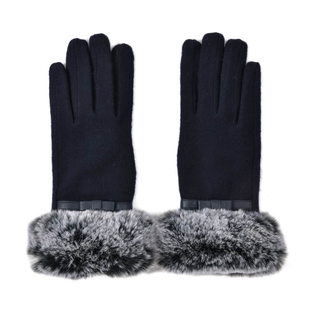 Navy Cashmere Warm Gloves with Faux Fur and Equipped Touch Screen Friendly image number 0