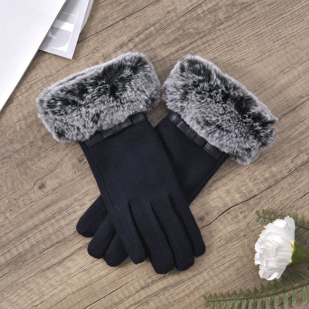 Navy Cashmere Warm Gloves with Faux Fur and Equipped Touch Screen Friendly image number 1