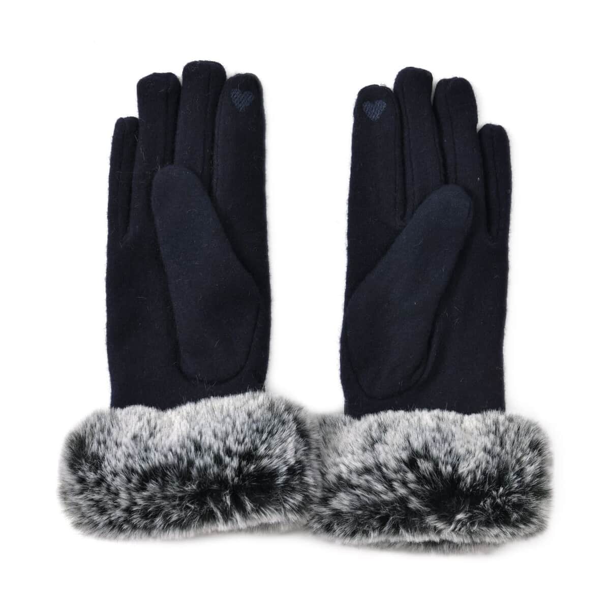 Navy Cashmere Warm Gloves with Faux Fur and Equipped Touch Screen Friendly image number 6