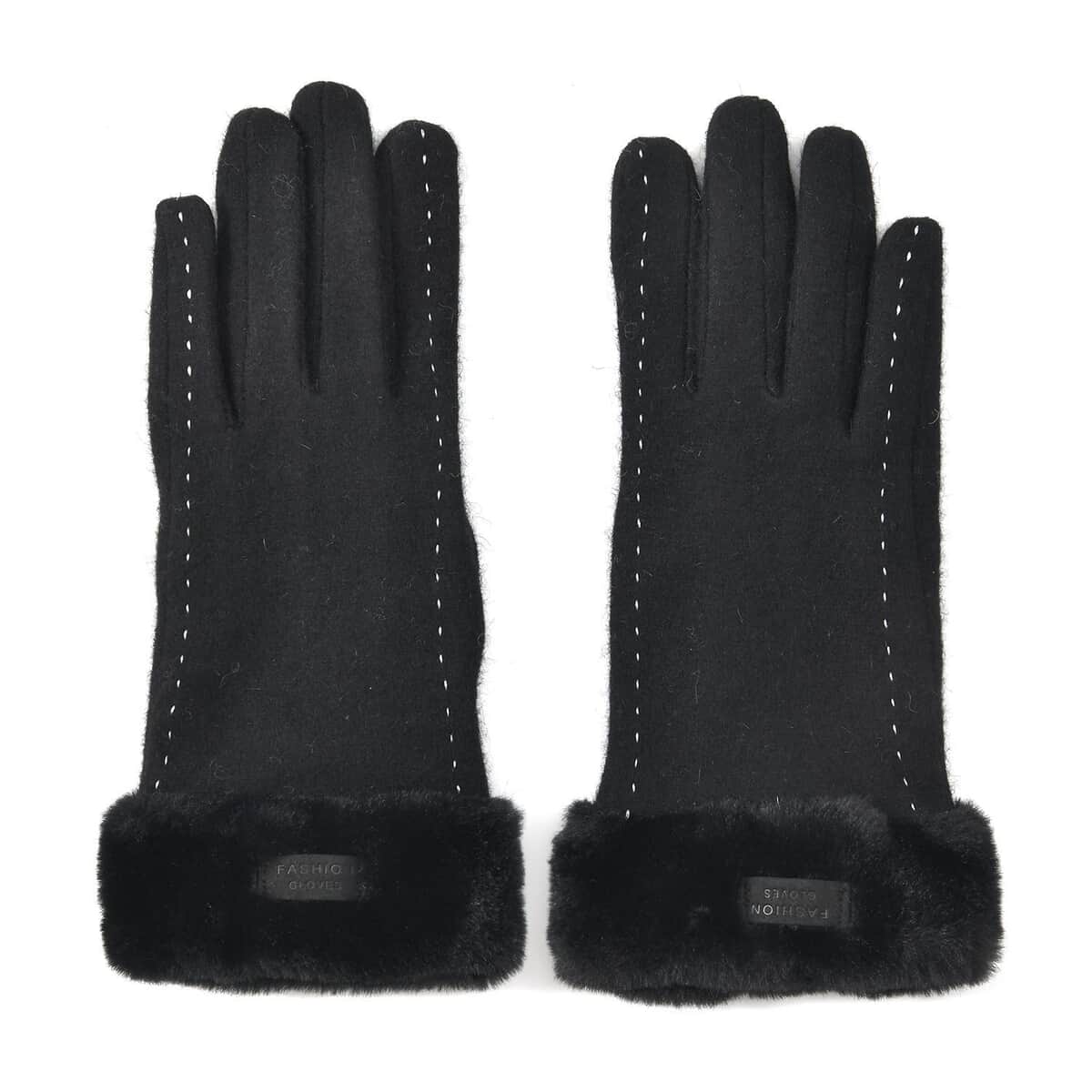 Black Cashmere Warm Gloves with Faux Fur and Equipped Touch Screen Function image number 0