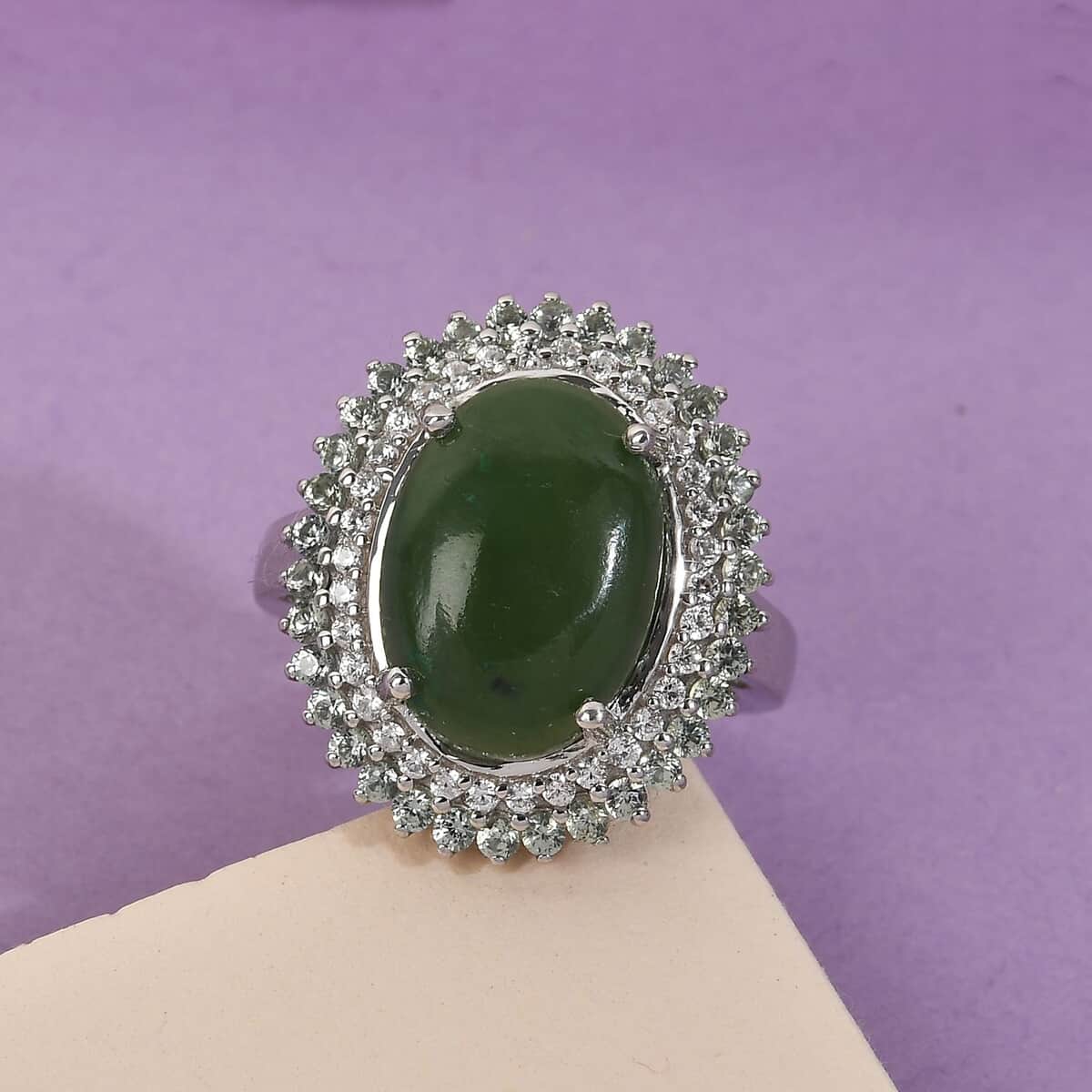 Nephrite Jade and Multi Gemstone Double Halo Ring in Platinum Over Sterling Silver (Size 8.0) 7.40 ctw image number 1