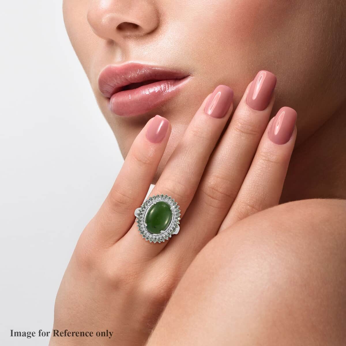 Nephrite Jade and Multi Gemstone Double Halo Ring in Platinum Over Sterling Silver (Size 8.0) 7.40 ctw image number 2