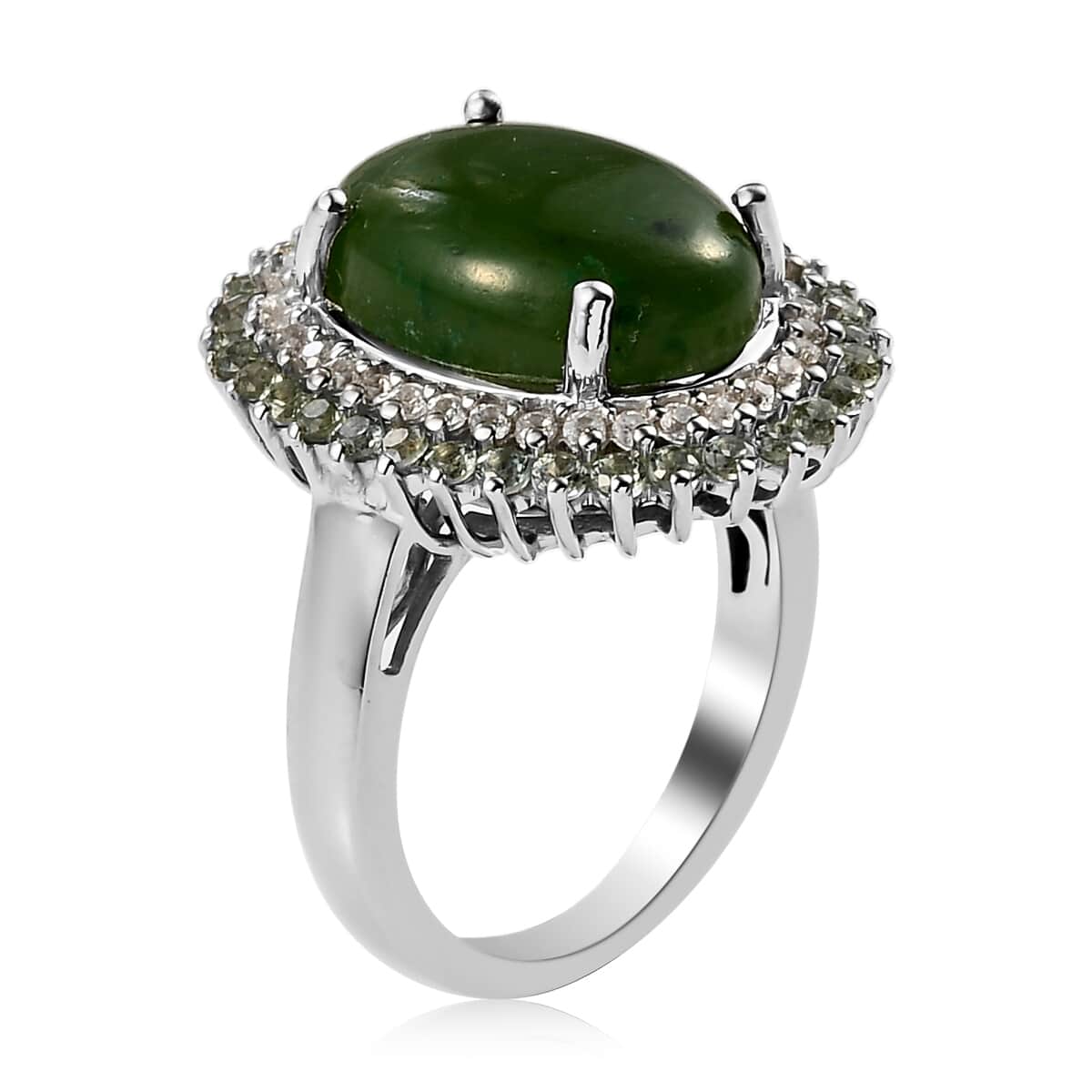 Nephrite Jade and Multi Gemstone Double Halo Ring in Platinum Over Sterling Silver (Size 8.0) 7.40 ctw image number 3