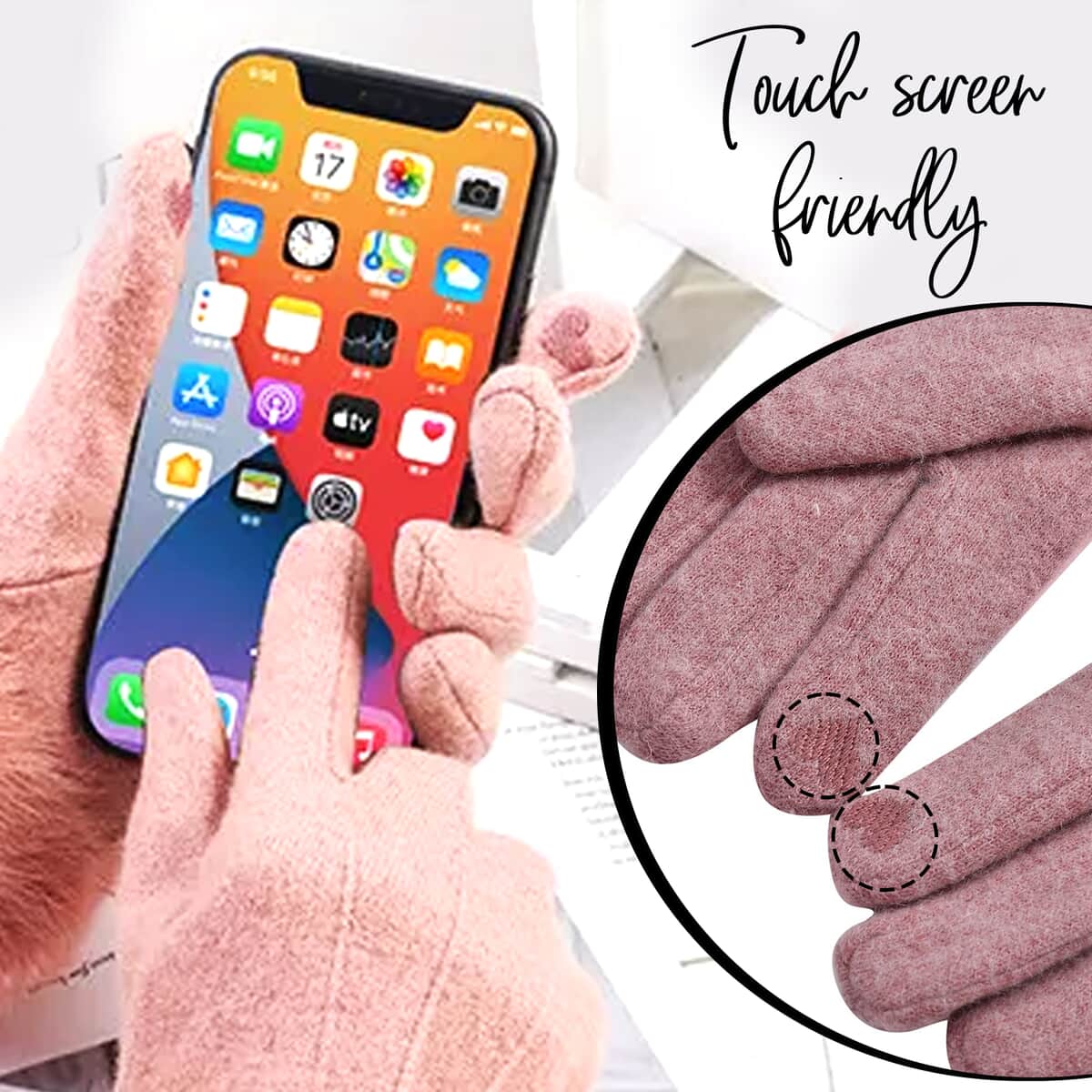 Ankur Treasure Chest Pink Cashmere Warm Gloves with Faux Fur and Equipped Touch Screen Friendly image number 2