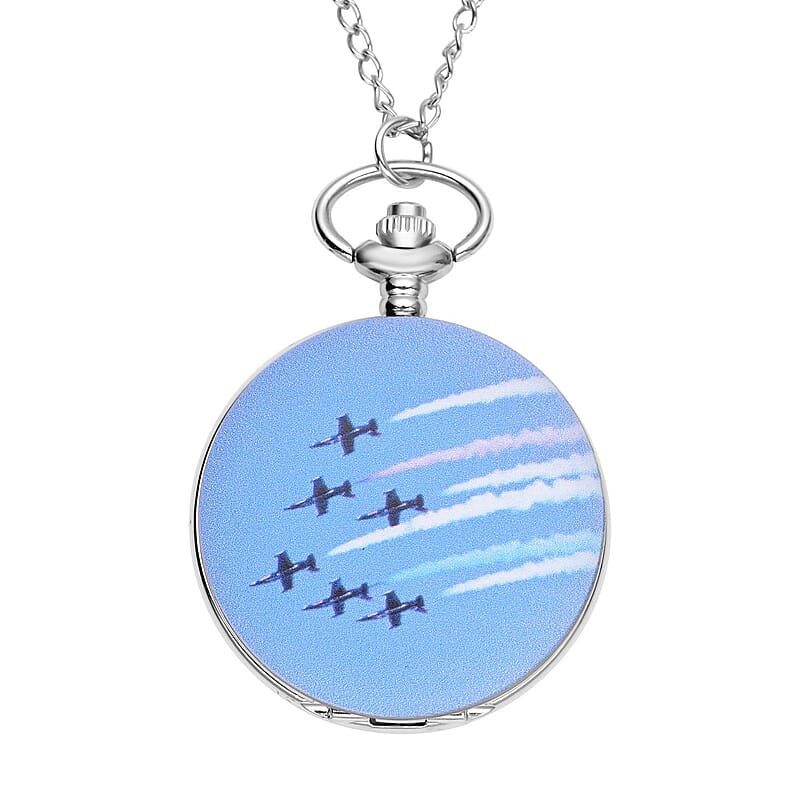 Strada Japanese Movement Jet Plane Pattern Pocket Watch with Chain (up to 31 Inches)