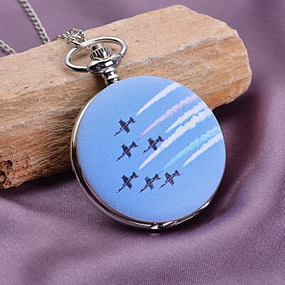Strada Japanese Movement Jet Plane Pattern Pocket Watch with Chain (up to 31 Inches)