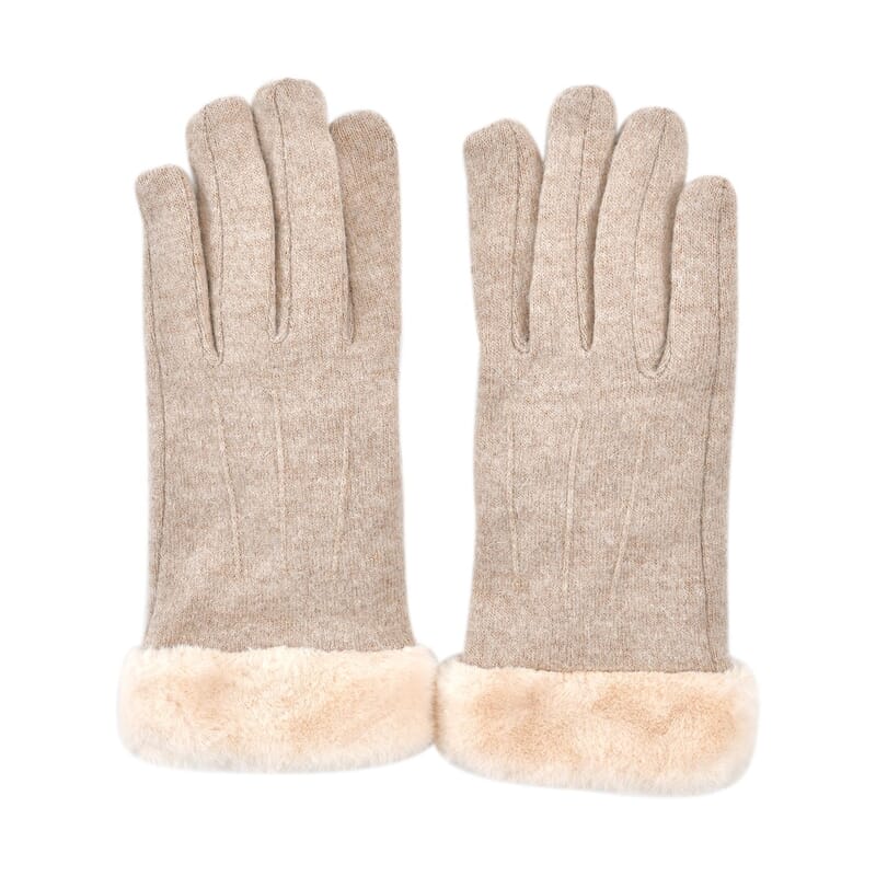 Beige Cashmere Warm Gloves with Fluffy Faux Fur and Equipped Touch Screen Friendly