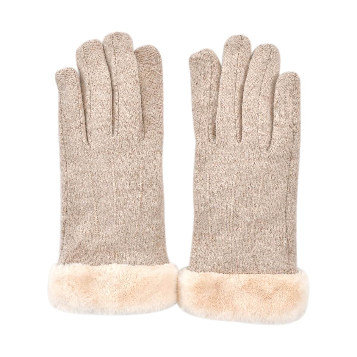 Beige Cashmere Warm Gloves with Fluffy Faux Fur and Equipped Touch Screen Friendly image number 0
