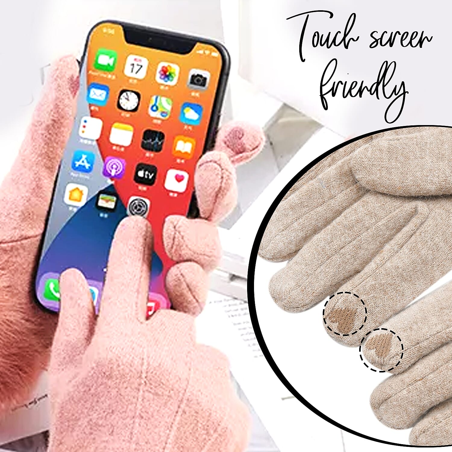 Beige Cashmere Warm Gloves with Fluffy Faux Fur and Equipped Touch Screen Friendly