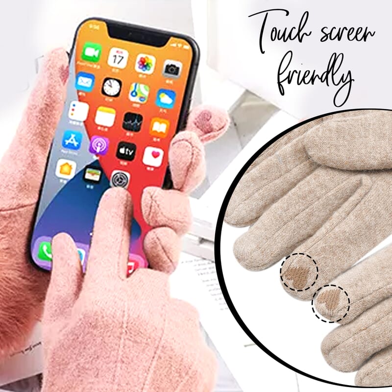 Beige Cashmere Warm Gloves with Fluffy Faux Fur and Equipped Touch Screen Friendly