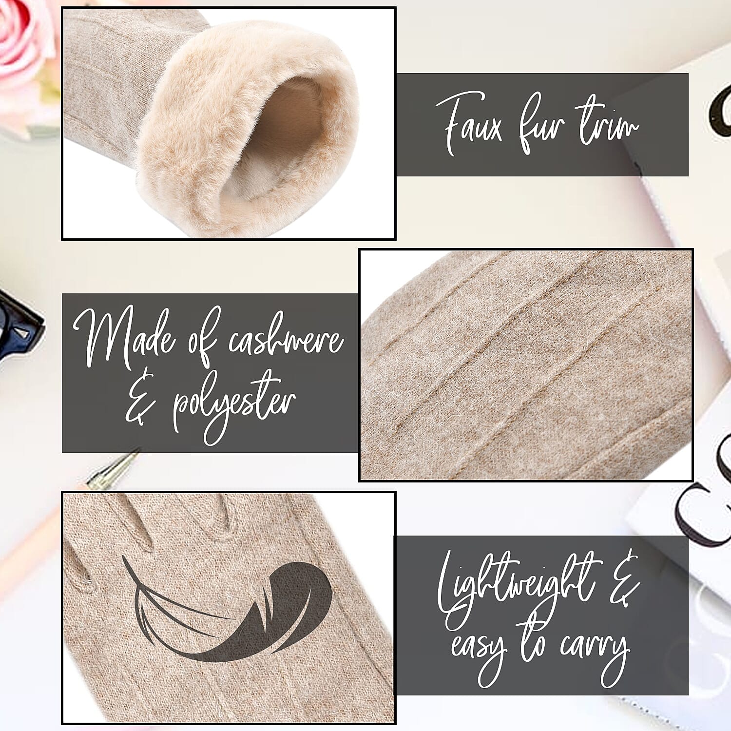 Beige Cashmere Warm Gloves with Fluffy Faux Fur and Equipped Touch Screen Friendly