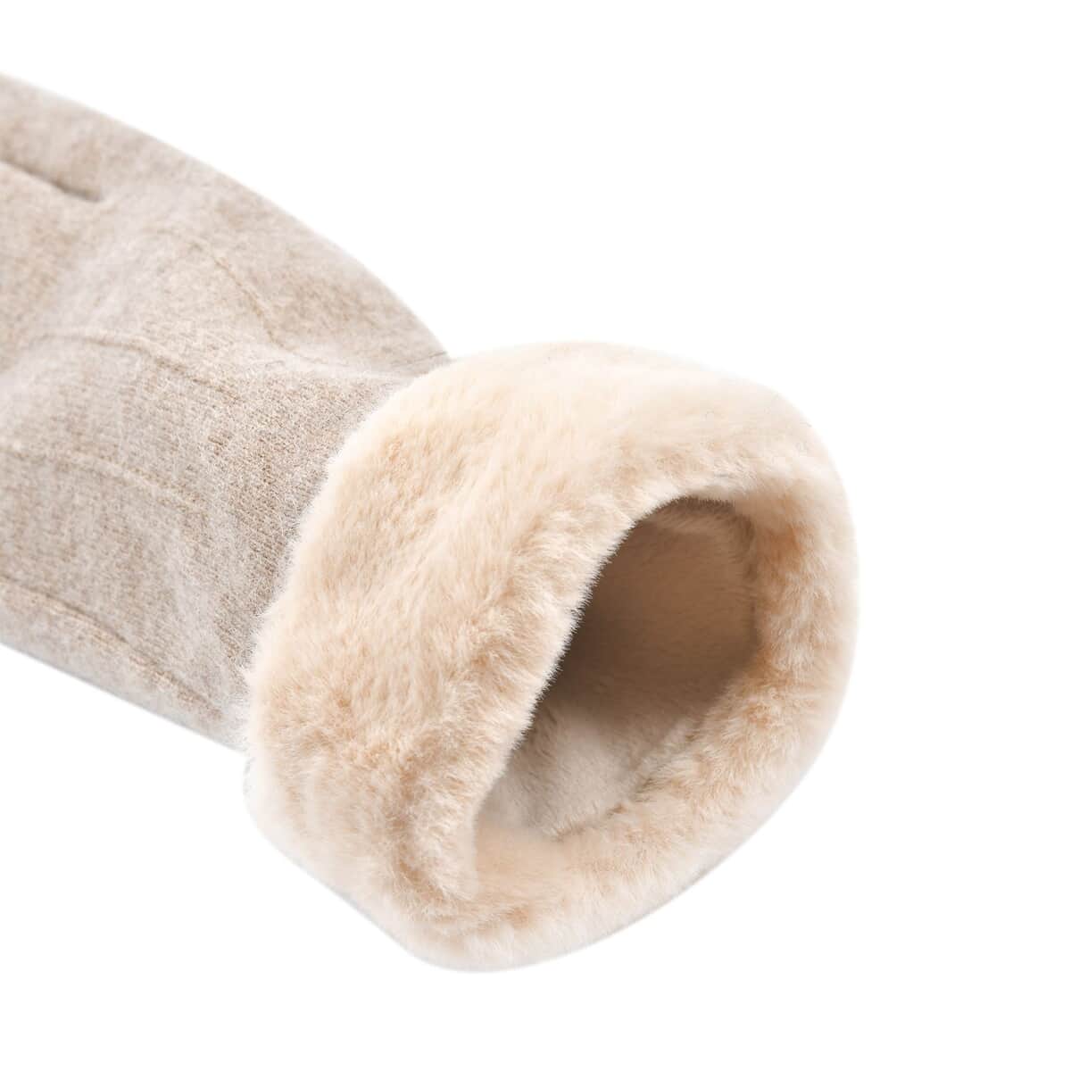 Beige Cashmere Warm Gloves with Fluffy Faux Fur and Equipped Touch Screen Friendly image number 4