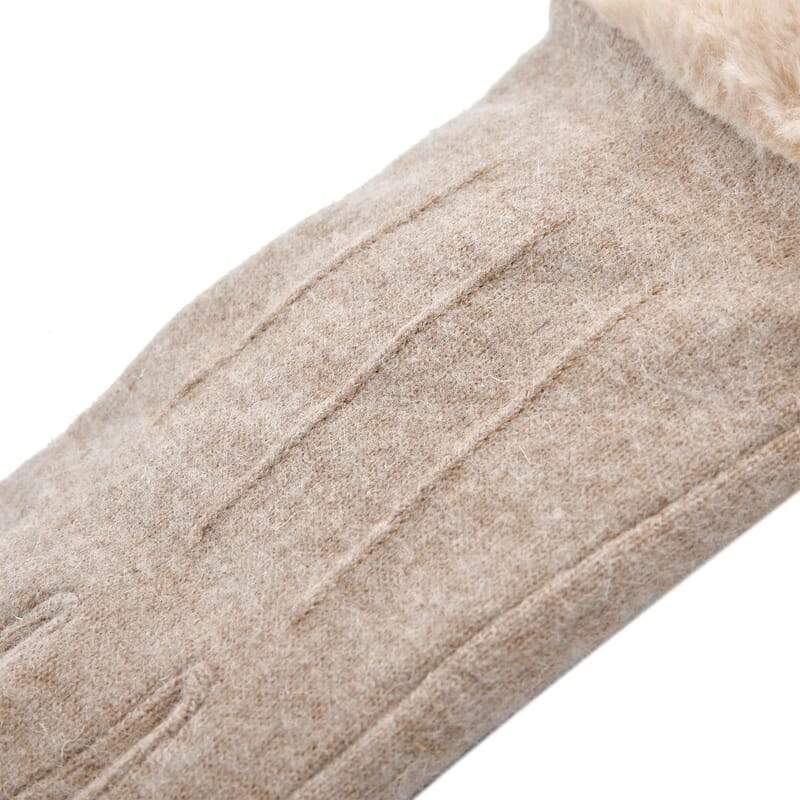 Beige Cashmere Warm Gloves with Fluffy Faux Fur and Equipped Touch Screen Friendly