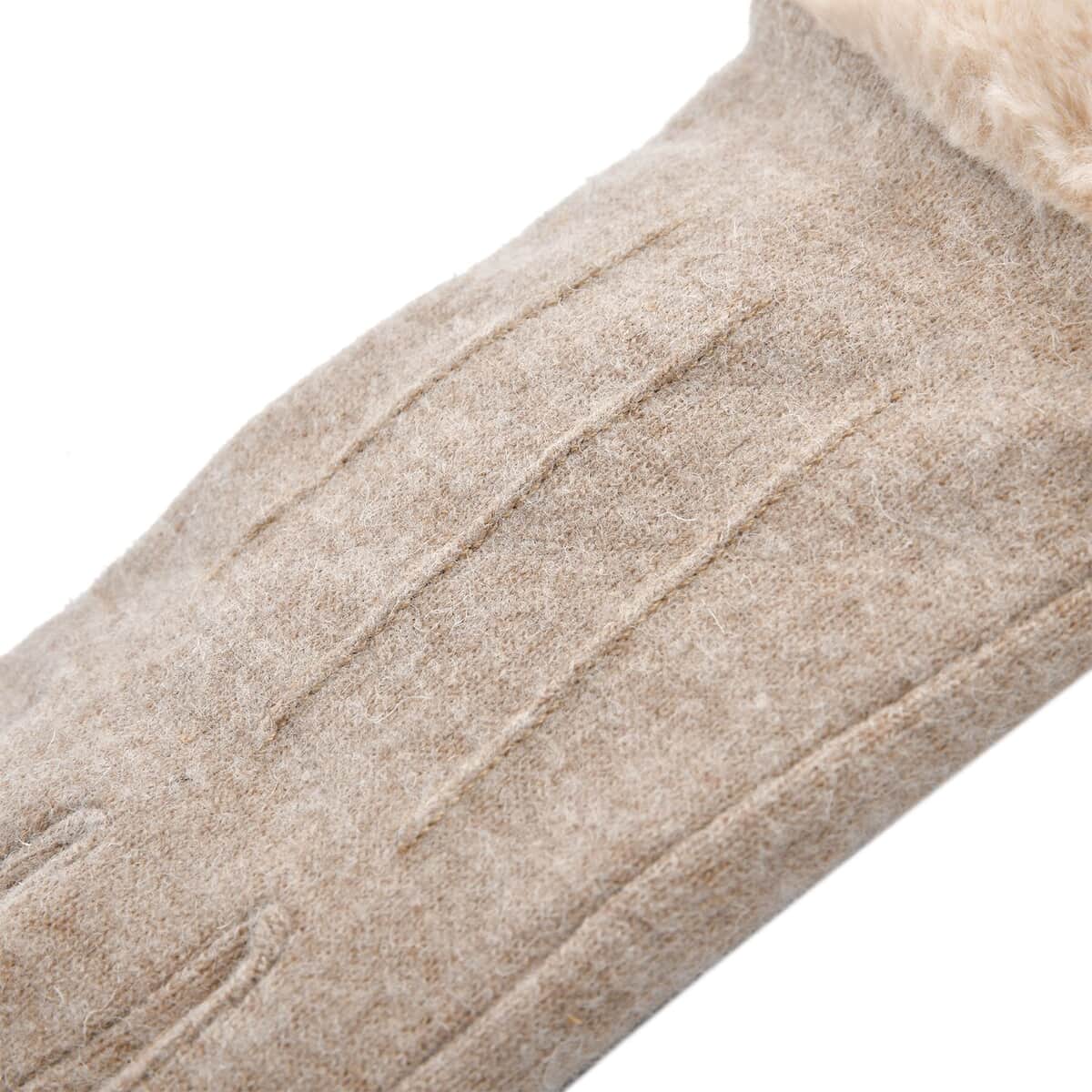 Beige Cashmere Warm Gloves with Fluffy Faux Fur and Equipped Touch Screen Friendly image number 5