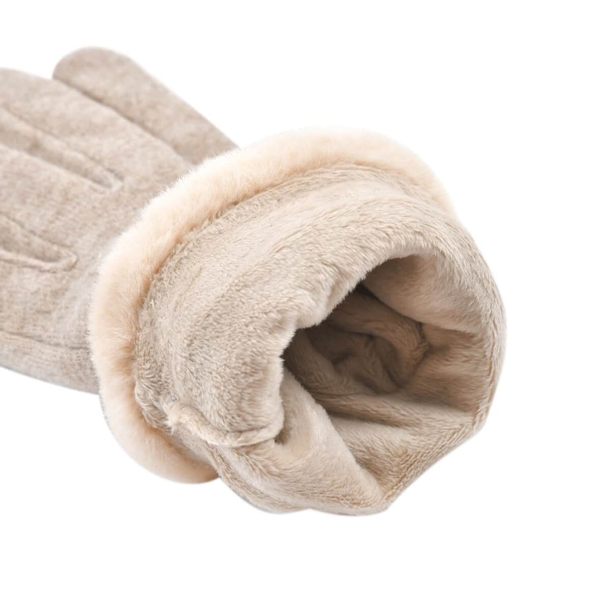 Beige Cashmere Warm Gloves with Fluffy Faux Fur and Equipped Touch Screen Friendly image number 6