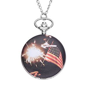Strada Japanese Movement American Flag & Fireworks Pattern Pocket Watch with Chain (up to 31 Inches)