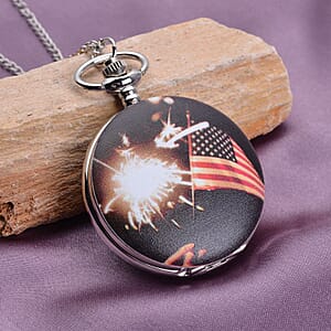 Strada Japanese Movement American Flag & Fireworks Pattern Pocket Watch with Chain (up to 31 Inches)