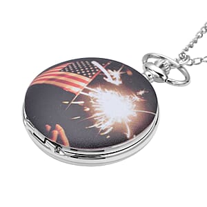 Strada Japanese Movement American Flag & Fireworks Pattern Pocket Watch with Chain (up to 31 Inches)