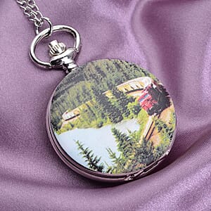 Strada Japanese Movement Train and Mountain Pattern Pocket Watch with Chain (up to 31 Inches)