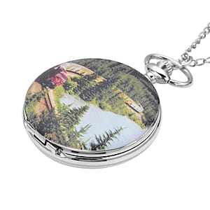 Strada Japanese Movement Train and Mountain Pattern Pocket Watch with Chain (up to 31 Inches)