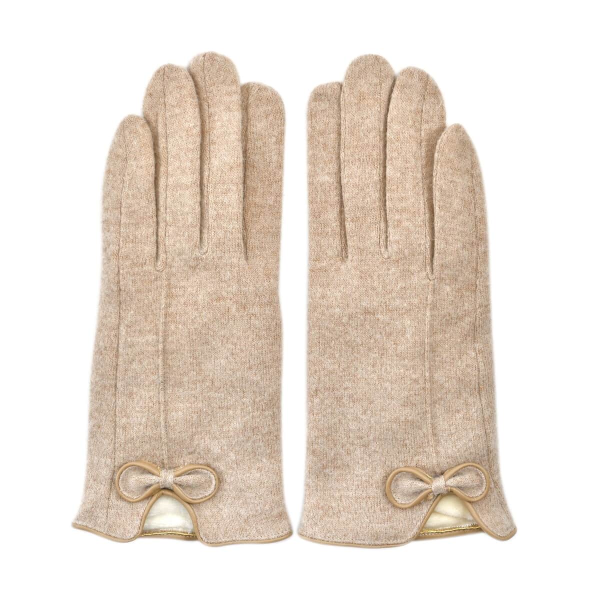 Beige Cashmere Warm Gloves with Bowknot and Equipped Touch Screen Function image number 0