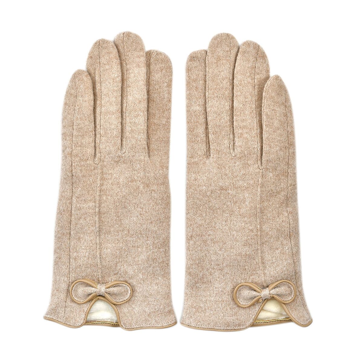 Beige Cashmere Warm Gloves with Bowknot and Equipped Touch Screen Friendly image number 0