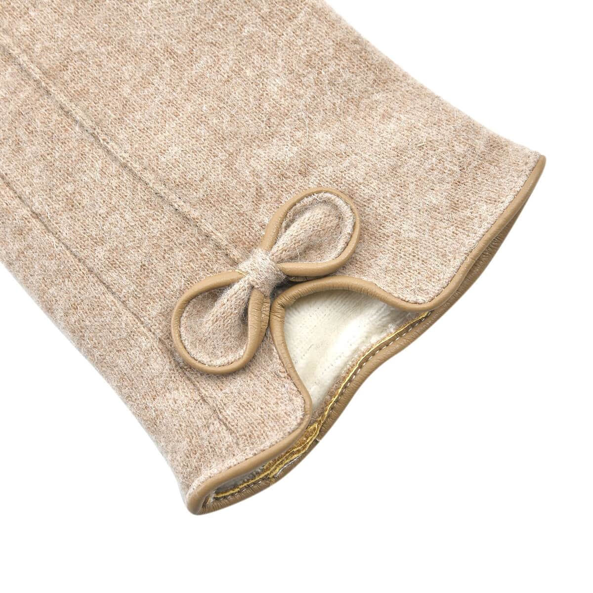 Beige Cashmere Warm Gloves with Bowknot and Equipped Touch Screen Friendly image number 4
