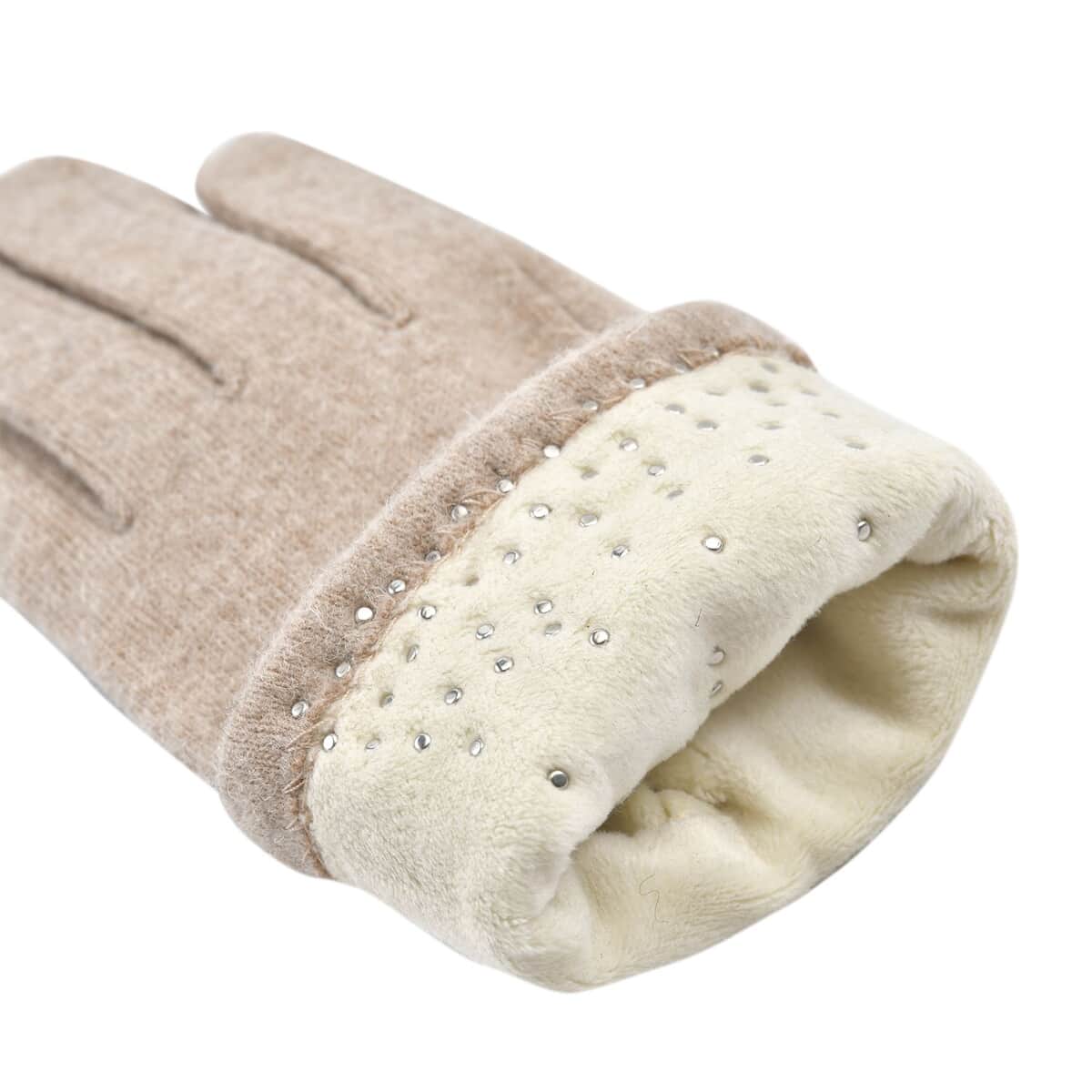 Beige Cashmere Warm Gloves with Plastic Pearl and Equipped Touch Screen Friendly image number 6