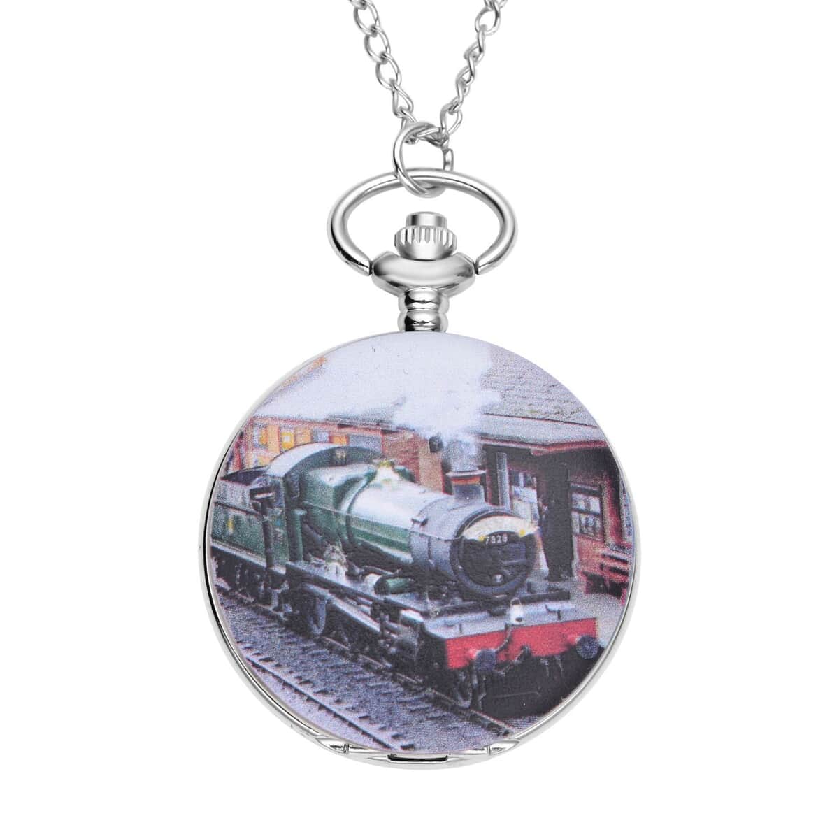 Strada Japanese Movement Green Train Pattern Pocket Watch with Chain (up to 31 Inches) image number 0
