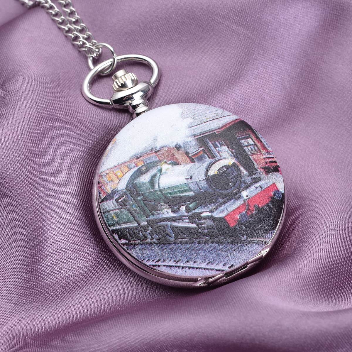 Strada Japanese Movement Green Train Pattern Pocket Watch with Chain (up to 31 Inches) image number 1