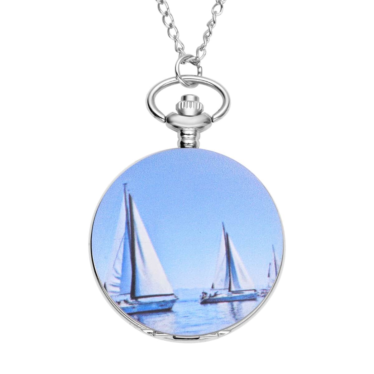Strada Japanese Movement Sailboat Pattern Pocket Watch with Chain (up to 31 Inches) image number 0