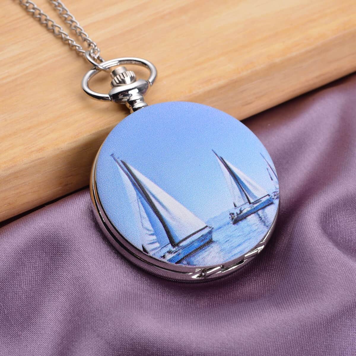 Strada Japanese Movement Sailboat Pattern Pocket Watch with Chain (up to 31 Inches) image number 1