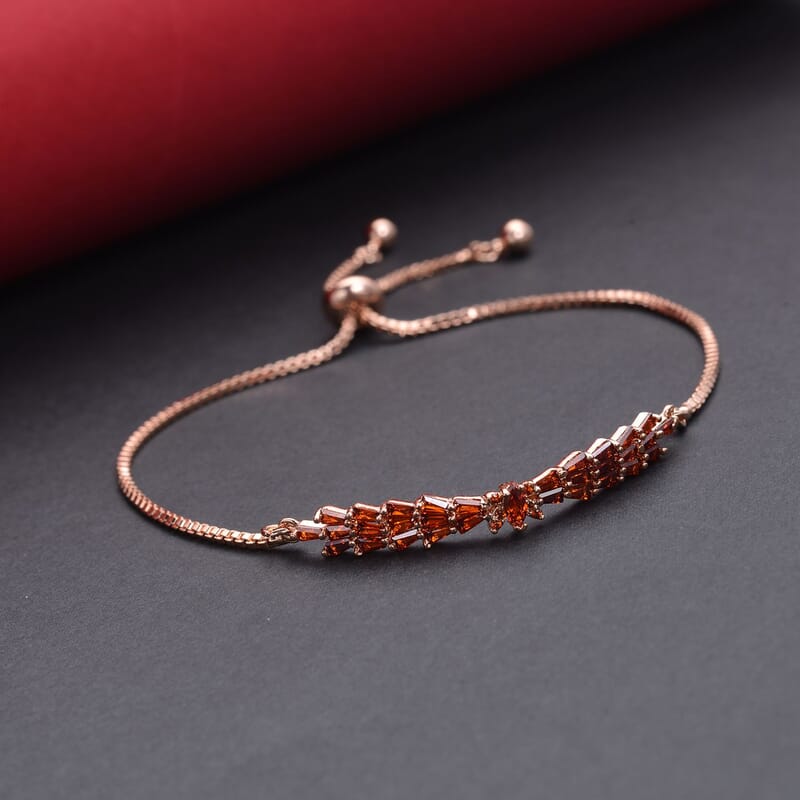 Simulated Garnet Color Diamond Bolo Bracelet in Rosetone 2.00 ctw