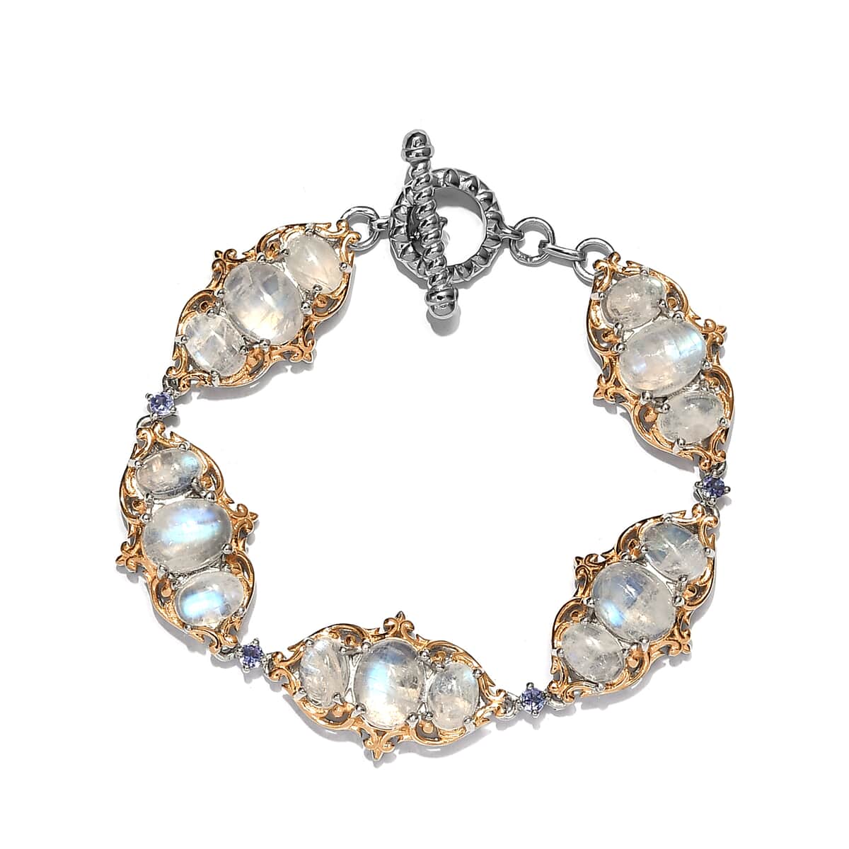Kuisa Rainbow Moonstone and Tanzanite Link Bracelet in Vermeil Yellow Gold and Platinum Over Sterling Silver (6.50 In) 18.35 ctw image number 0