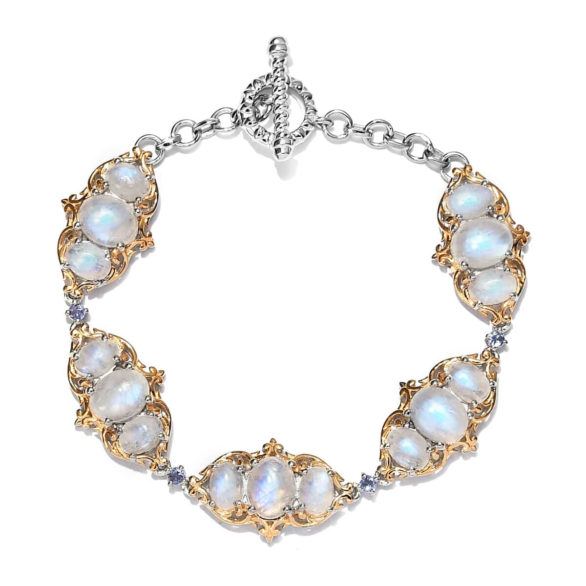 Kuisa Rainbow Moonstone and Tanzanite Link Bracelet in Vermeil Yellow Gold and Platinum Over Sterling Silver (7.25 In) 18.35 ctw image number 0