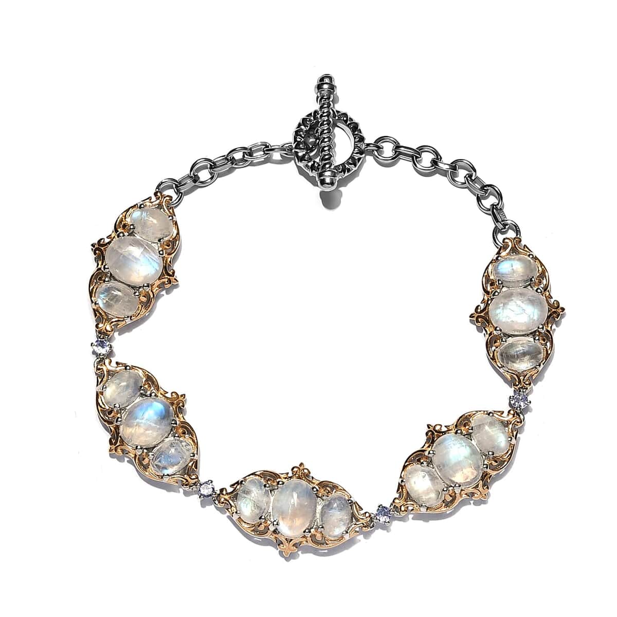 Kuisa Rainbow Moonstone and Tanzanite Link Bracelet in Vermeil Yellow Gold and Platinum Over Sterling Silver (8.00 In) 18.35 ctw image number 0