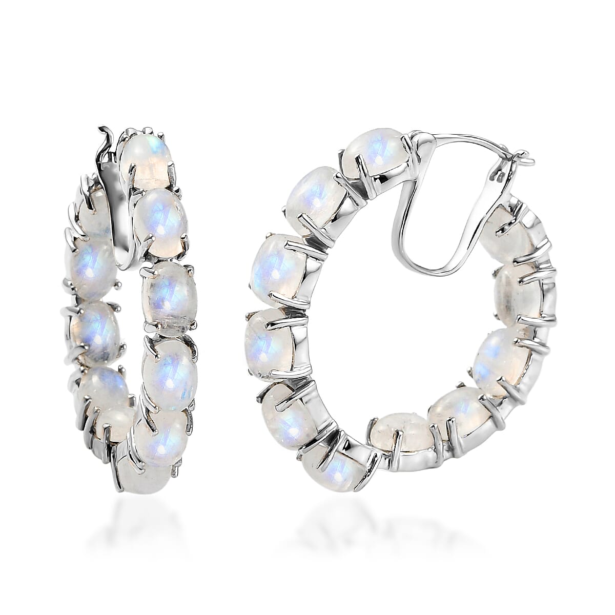 Kuisa Rainbow Moonstone Inside Out Hoop Earrings in Platinum Over Sterling Silver 23.35 ctw
