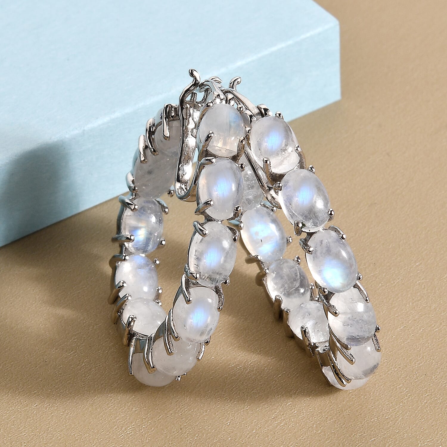Kuisa Rainbow Moonstone Inside Out Hoop Earrings in Platinum Over Sterling Silver 23.35 ctw