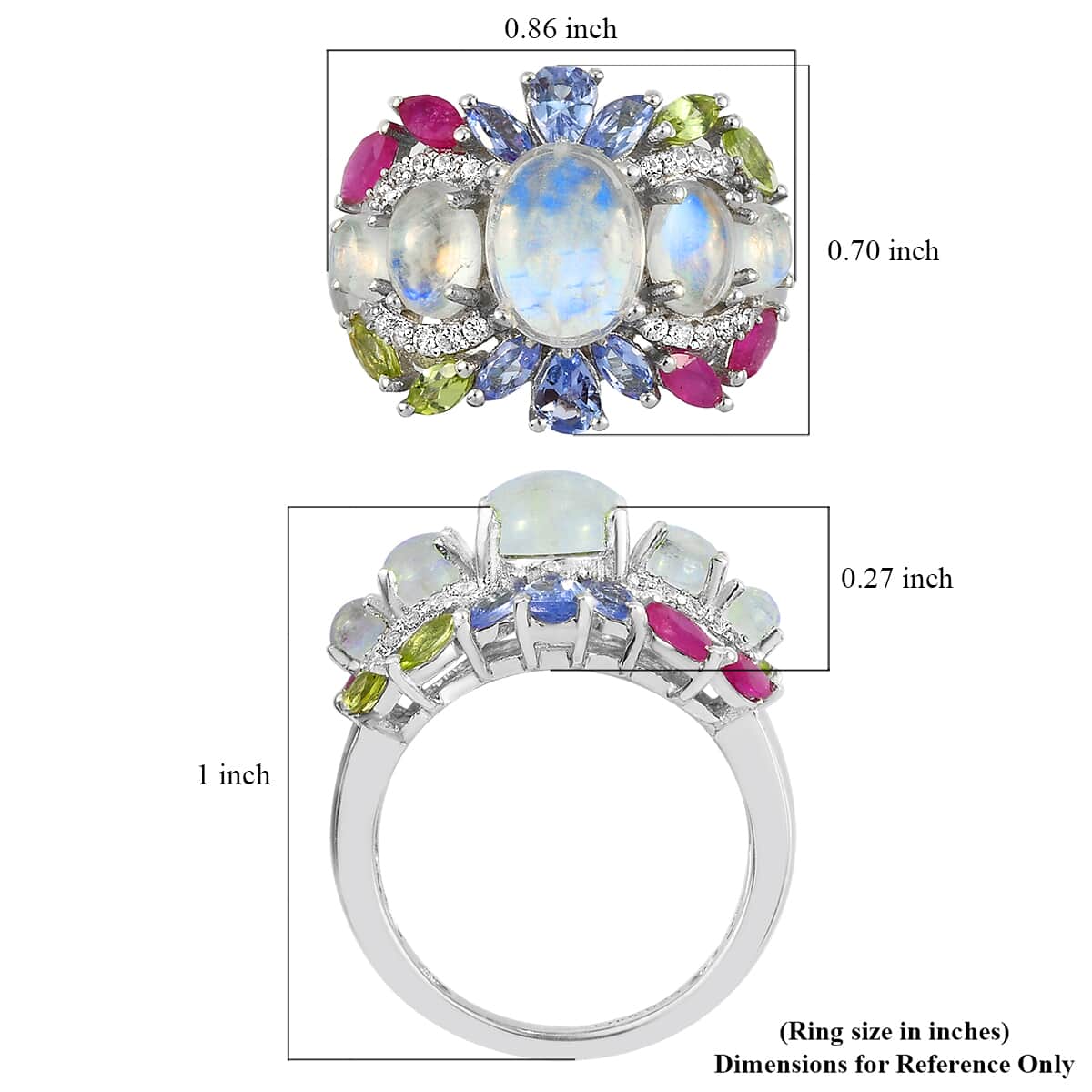 Kuisa Rainbow Moonstone and Multi Gemstone Ring in Platinum Over Sterling Silver (Size 7.0) 5.25 ctw image number 5