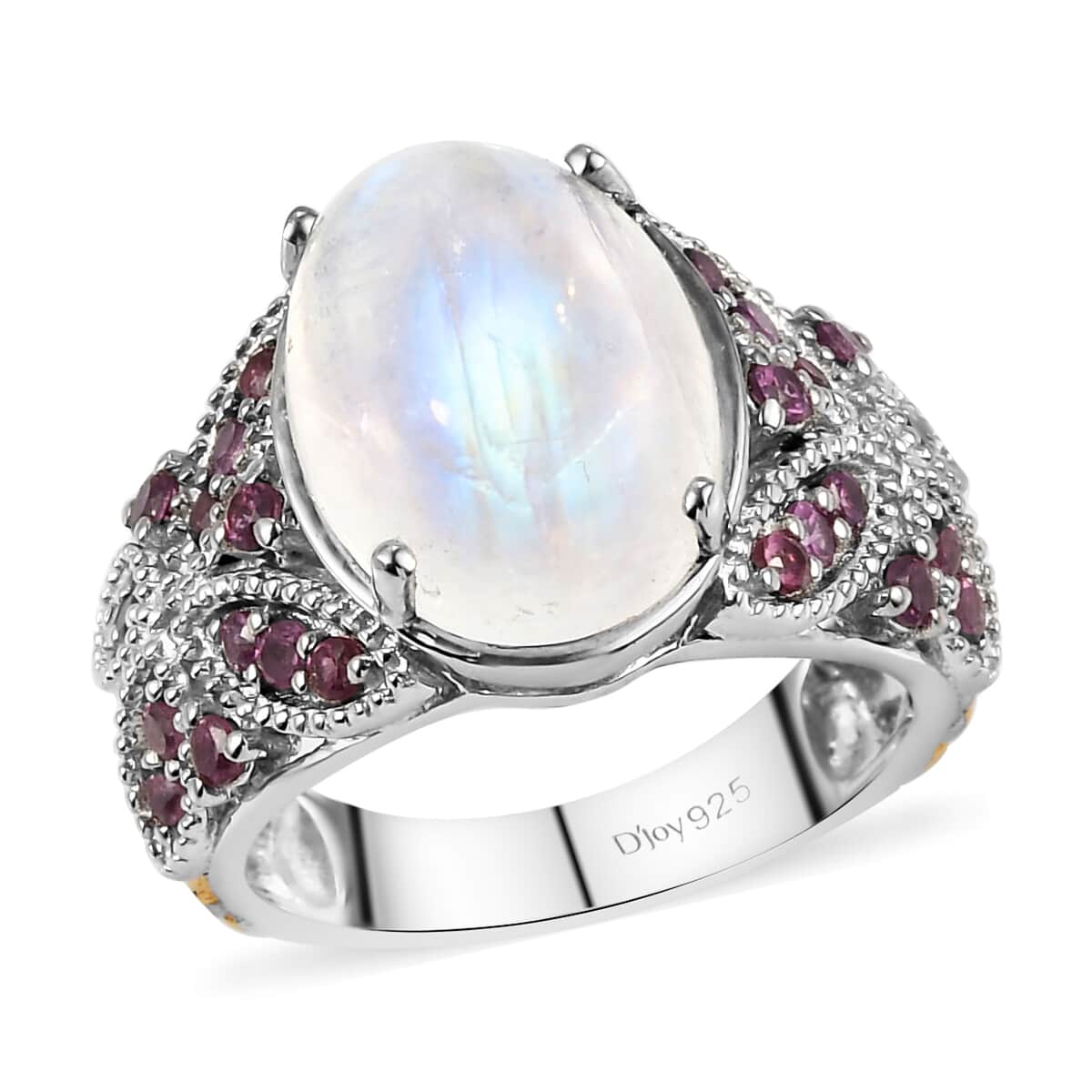 Kuisa Rainbow Moonstone and Orissa Rhodolite Garnet Ring in Vermeil Yellow Gold and Platinum Over Sterling Silver 7.25 ctw image number 0