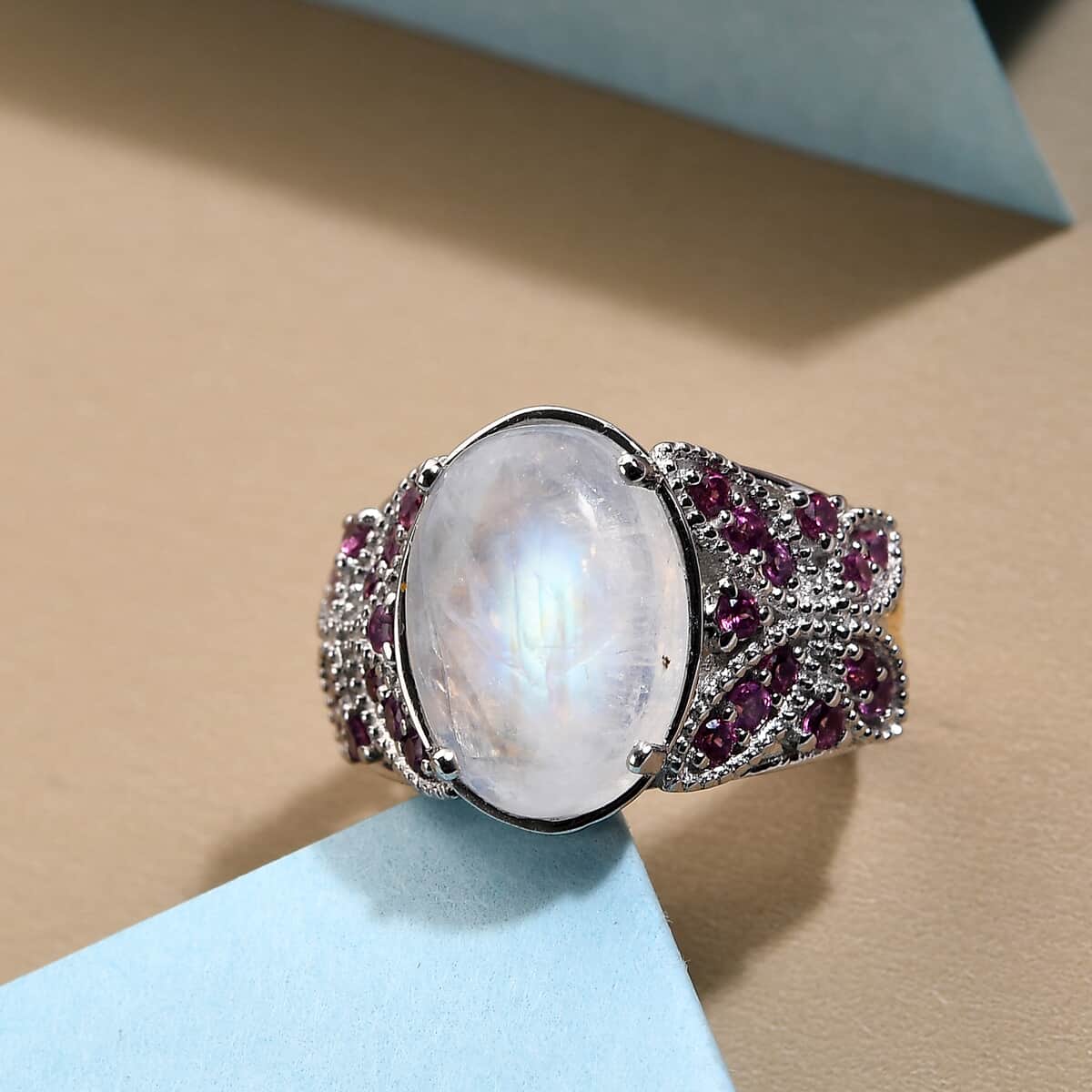 Kuisa Rainbow Moonstone and Orissa Rhodolite Garnet Ring in Vermeil Yellow Gold and Platinum Over Sterling Silver 7.25 ctw image number 1