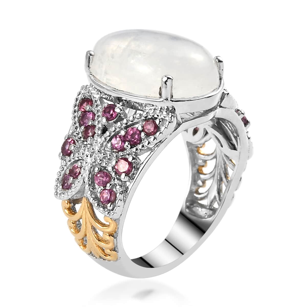 Kuisa Rainbow Moonstone and Orissa Rhodolite Garnet Ring in Vermeil Yellow Gold and Platinum Over Sterling Silver 7.25 ctw image number 3