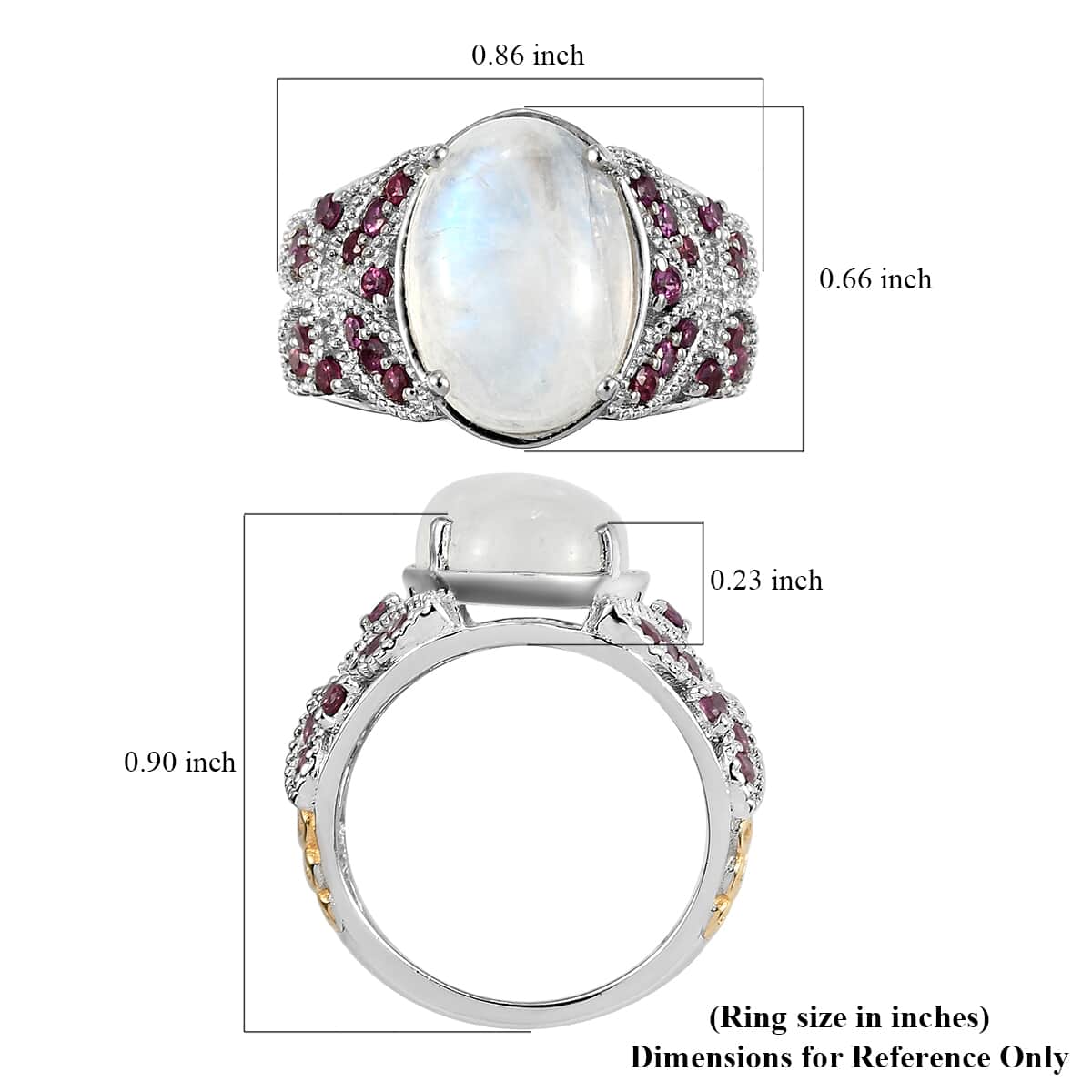 Kuisa Rainbow Moonstone and Orissa Rhodolite Garnet Ring in Vermeil Yellow Gold and Platinum Over Sterling Silver 7.25 ctw image number 5