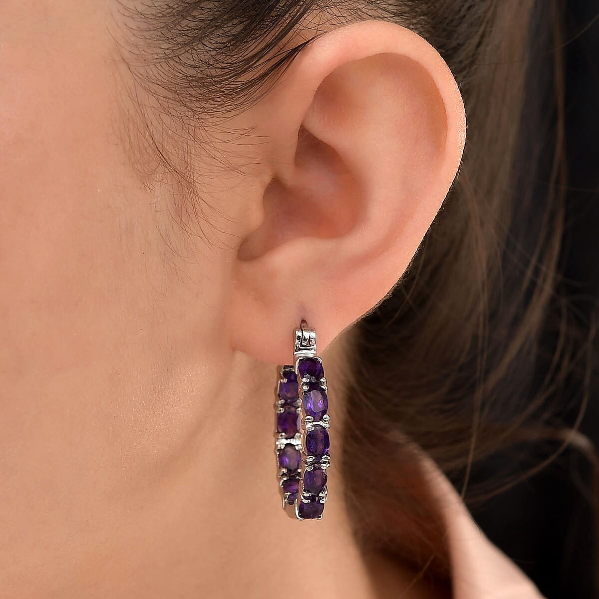 African Amethyst 7.30 ctw Hoop Earrings in Stainless Steel image number 1